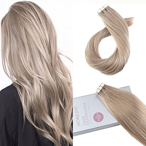 Moresoo 16 Inch Glue in Remy Hair Extensions Ash Blonde Color #18 Tape in Hair Extensions Remy Human Hair Invisible Adhesive Hair Extensions Thick Hair 20pcs/50g
