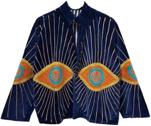 Blue Velvet Evil Eye Jacket, Embroidered Suzani Bohemian Coat