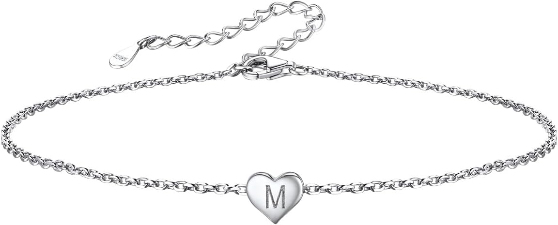 ChicSilver 925 Sterling Silver Initial Anklets for Women Dainty Beach Heart Ankle Bracelet Foot Jewelry-Adjustable Size(with Gift Box)