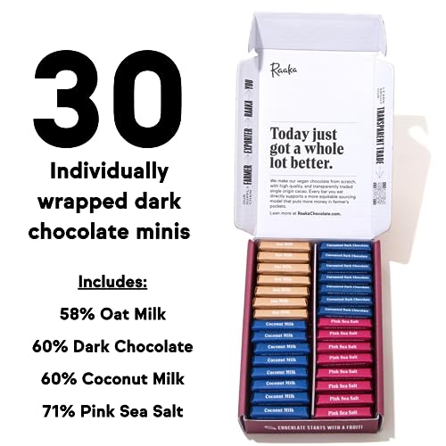Raaka Chocolate Mini Dose Bars, Mixed Pack | Gourmet Bean-to-Bar Dark Chocolate | Assorted Flavors | Organic, Kosher, Vegan, Gluten-Free, Fair Trade, Soy-Free, Non-GMO, Paleo | Box of 30 Bite-Size Chocolates