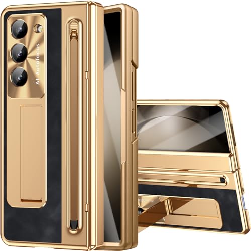 NINKI for Samsung Galaxy Z Fold 5 Case with S Pen Holder & S Pen, Galaxy Z Fold 5 Phone Case with Stand & Screen Protector, Plating Leather Hinge Protective Cover for Z Fold5 5G – Gold with Black