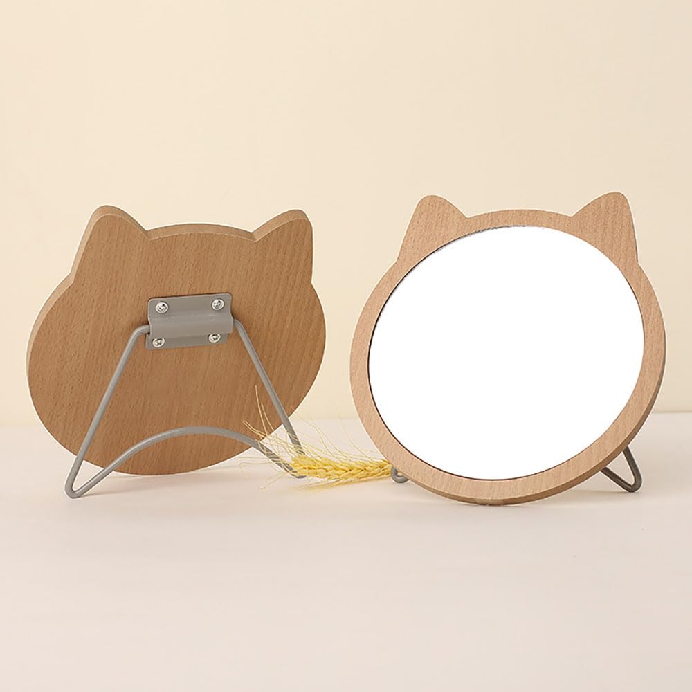 Sweet seven Cat Desktop Mirror - Adorable Wood Frame Makeup Mirror with Cat Ears for Tabletop, Travel, and More