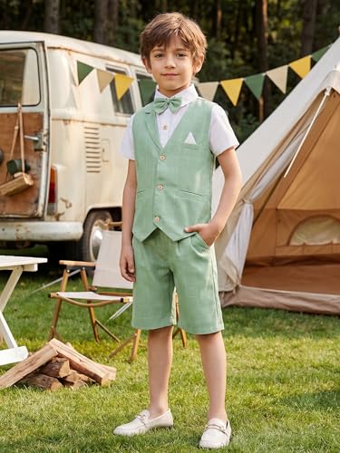 Image of Summer Boys Suit Dress Clothes Kids Wedding Ring Bearer Outfit 4Pcs Shirt Vest Shorts Set