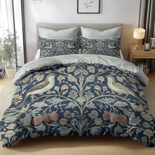 Générique Housse de Couette 240x260 cm Fleurs Et Oiseaux Façon William Morris Parure de lit pour lit Double avec Fermeture Éclair Ensemble de literie en...