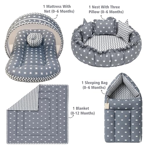 Image of Fareto Combo of Baby Bed with Net | Carry Bag | 4 Pcs Bedding Set (0-6 Months, Baby Size, Cotton) (Crown Grey)