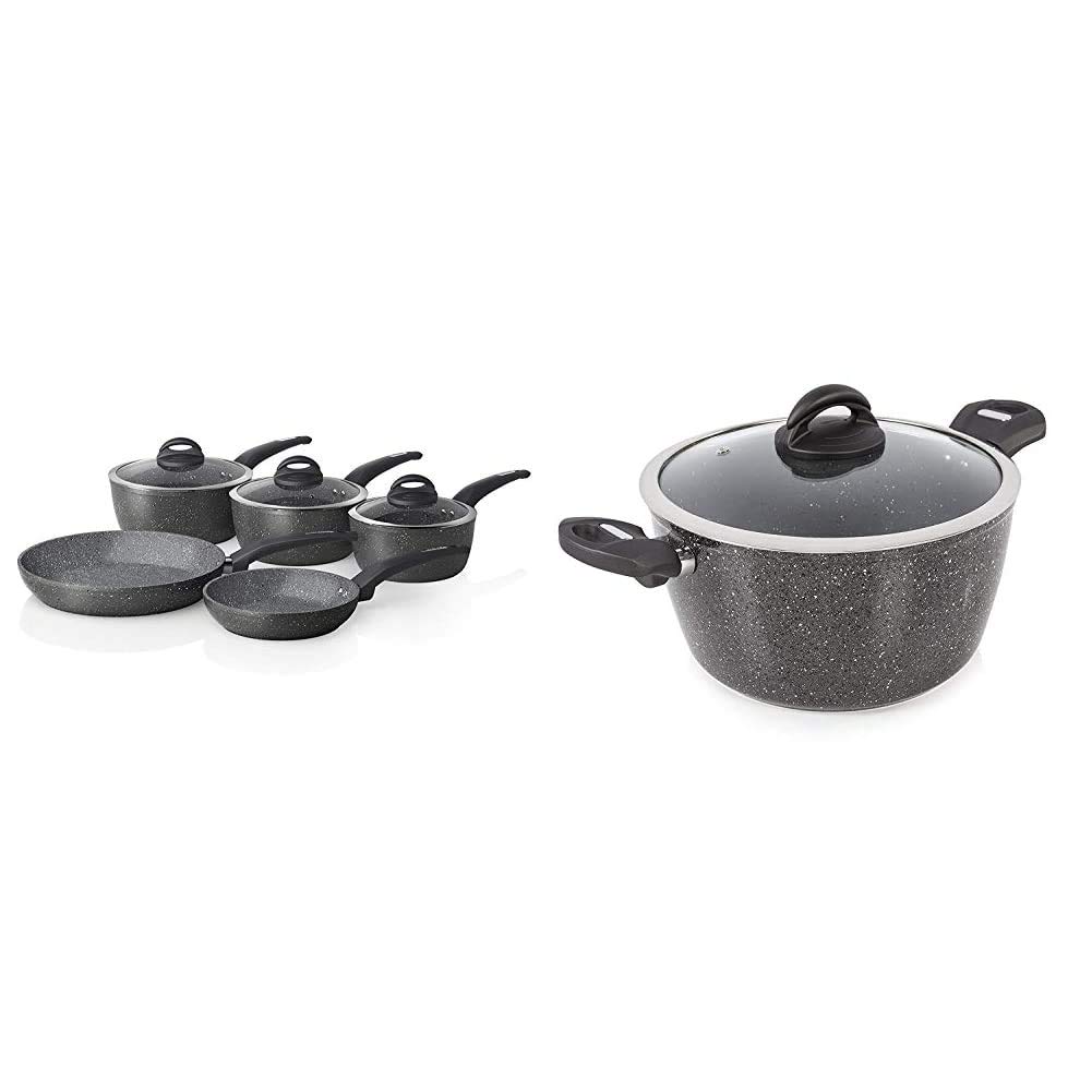 TowerT81276 Frying Pan and Saucepan Set, Graphite & Cerastone Induction Casserole Dish with Glass Lid, Non Stick Ceramic Coating, Easy to Clean, Graphite, 24 cm