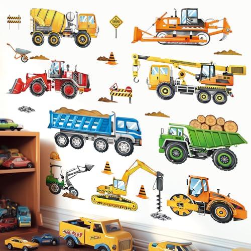 decalmile Construction Vehicles Wall Decals Cars Truck Tractor Wall Stickers Baby Nursery Boys Bedroom Kids Playroom Wall Decor