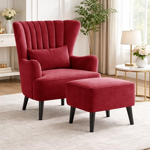 Image of Rosebell Velvet Accent Chair with Ottoman - Modern Upholstered Lounge Chair with High Back, Tufted Design & Comfortable Reading Chair for Living Room, Bedroom, Office-Red