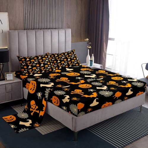 Feelyou Kids Halloween Decorations Sheets Set Twin Size Bat Pumpkin Lantern Bedding Set Toddlers Teens Adults Skull Spider Hat Festival Themed Fitted Sheet Vintage Brown Bed Sheet Set
