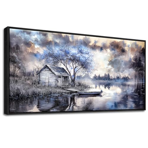 ERQINHUA Wall Art For Living Room Canvas Wall Decor For Bedroom Office Decoration Blue Tree Lakeside Landscape Painting Art Print Modern Beach Posters Ready To Hang Home Decor Black Frame 20"x40"