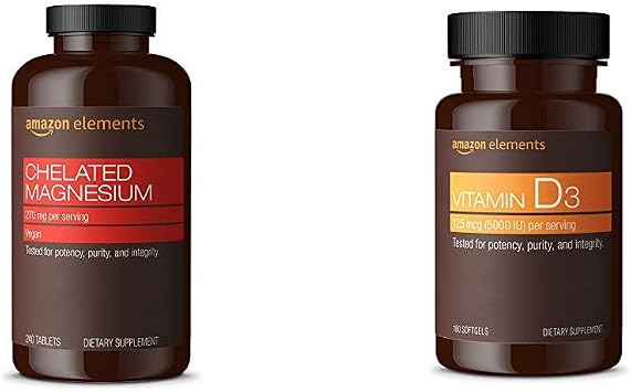 Amazon Elements Chelated Magnesium Glycinate 240 Tablets and Vitamin D3 180 Softgels