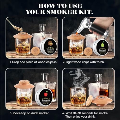 Dignity Boutique Cocktail Smoker Kit – Premium Old Fashioned Cocktail Kit Whiskey Smoker Kit Includes 4 Wood Chips, Torch, Cover – Smoking Accessories Bourbon Gifts for Men by Dignity Boutique - Image 4