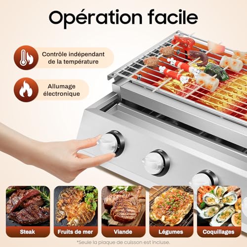 Barbecue à gaz de table à 4 brûleurs, en acier inoxydable, 4 flammes, 2800 Pa, avec grille amovible, bac récupérateur de graisse, 4 pieds de 55,8 x 23,2 cm, pour balcon, jardin et terrasse – vue 5