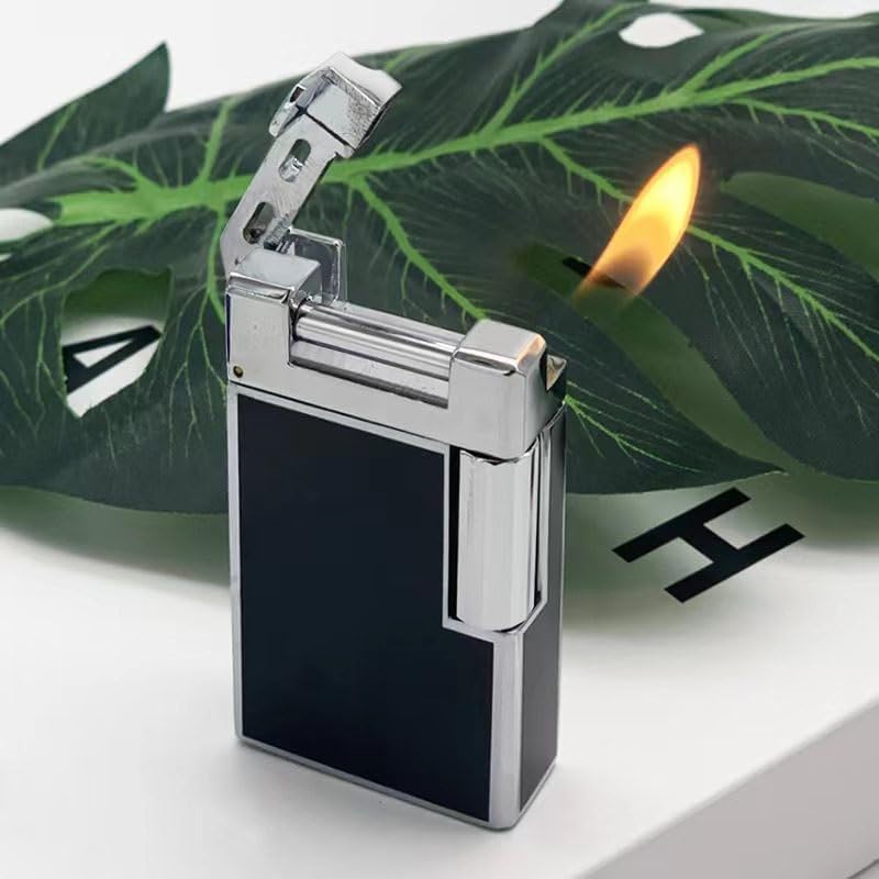 Vintage Metal Butane Lighter, Slanted Flame, Windproof, Adjustable Soft Flame, Refillable, Unique Lighter for Cigars, Candles, Outdoor Camping Hiking (Black Silver)