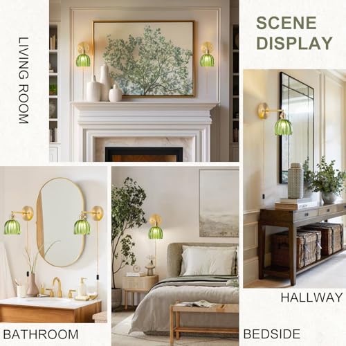 Image of Plug in Wall Sconces Set of 2, Vintage Wall Sconce Light with Tulip Green Glass Lampshade, Bedroom Wall Sconce with Switch and Plug in wall lamp Cord, Gold Wall Light Wall Decor Set of 2