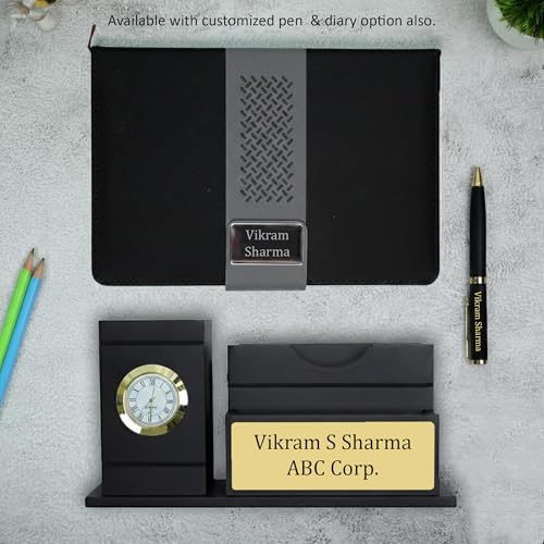 Image of Deskart Customized Pen Holder with Clock & Business Visiting Card Holder | Premium Stylish Office Stationary Organizer for Desk