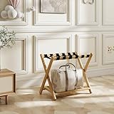 Luggage Rack, Foldable Suitcase Stand with Storage Shelf and 5 Heavy-Duty Straps, Bamboo Luggage Holders for Guest Room, Bedroom and Hotel - Natural
