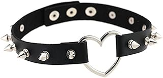 Punk Gothic Style Black Heart-Shape Ring Leather Collar Choker Necklace with Long Spike Studded