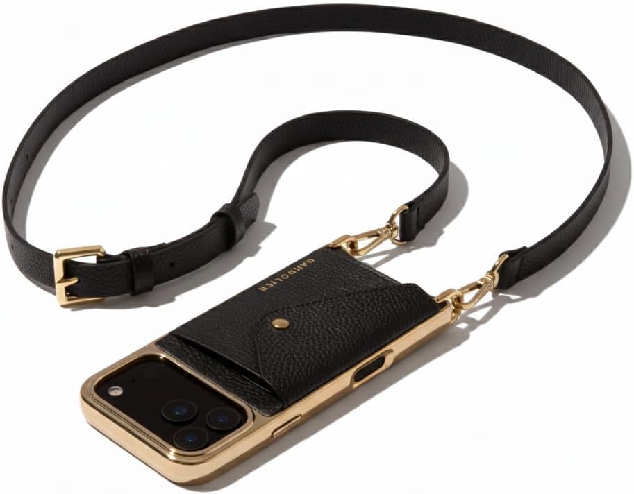 Bandolier Hailey Chrome Crossbody Wallet Phone Case for iPhone 17 Pro Max. 100% Genuine Pebble Leather with Gold Hardware. Adjustable & Removable Strap. Expandable Flip Card Holder. Black with Gold