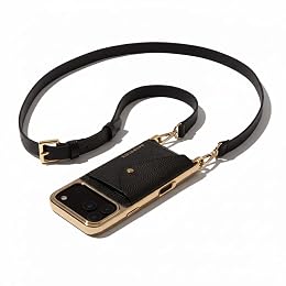 Bandolier Hailey Chrome Crossbody Wallet Phone Case for iPhone 17 Pro Max. 100% Genuine Pebble Leather with Gold Hardware. Adjustable & Removable Strap. Expandable Flip Card Holder. Black with Gold