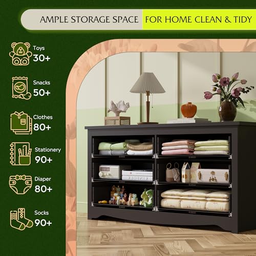 WLIVE Black Dresser with 6 Drawer, 59" Wide Chest of Drawers for Bedroom, Wood Long Nightstand with Drawers, Modern Large Storage Tower Unit, Closet Store Organizer for Living Room