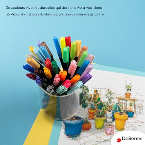 DeSerres - Fine Tip Markers 0.4 mm Set of 36 Vibrant Colors - Water-Based Ink - Precision Tips, Drawing Pens, Colored Markers for Note Taking, Coloring, Art Project Supplies - 201400 by DeSerres - Image 6
