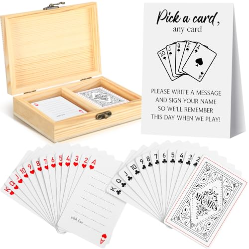 AceOrbit 57 Pack Wedding Guest Book Playing Cards Set with Wooden Box Classic White Wedding Signing Guestbook Alternative Personalized Blank Deck of Cards for Guest Reception Vegas Bridal Shower Games