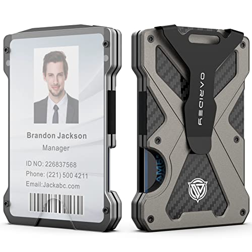 Minimalist Wallet for Men- Slim Aluminum Metal Money Clip Wallet with Clear ID Card Holder, Carbon Fiber Wallet, RFID Blocking, Holds up 15 Cards with Cash Clip, Ultra-Thin Tactical Wallet- Gunsmoke