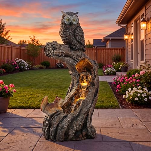 Ultym 32" H Resin Owl Tree Trunk Fountain Outdoor, Forest Style 4-Tiers Water Feature Outdoor with Lights, Soothing Cascading Waterfall for Patio, Backyard, Garden or Porch