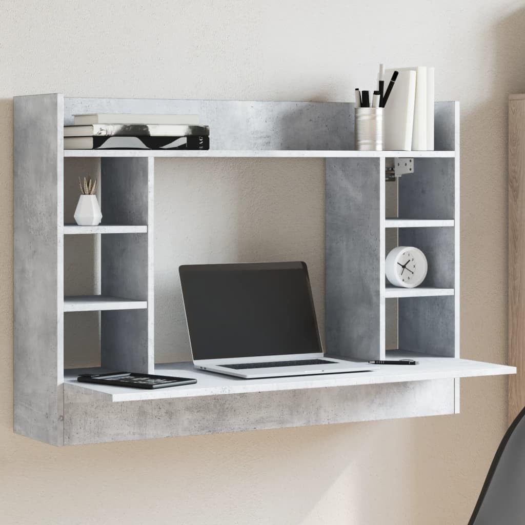 Bureau mural en bois gris béton 105 cm table ordinateur compacte