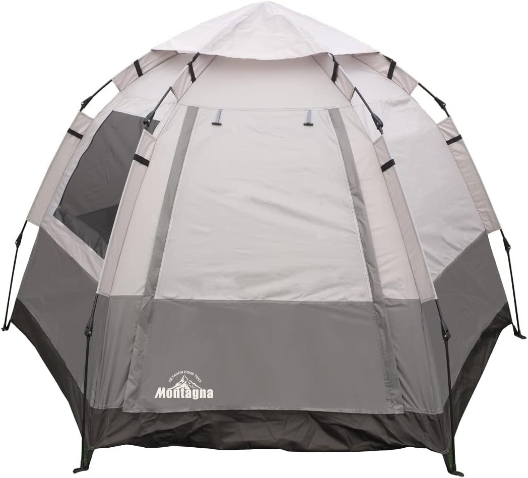 Montagna ワンタッチテント 4人用 5人用 ヘキサゴンドームテント アウトドア キャンプ 大型 公園 防災 ファミリーテント ポール付 キャノピー付 簡単組立