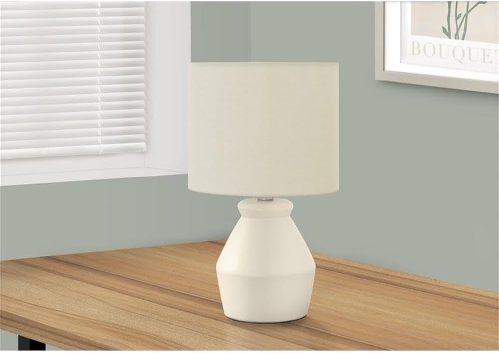 Pemberly Row 17" Angular Ceramic Table Lamp, Cream Base with Ivory Linen Drum Shade, Rotary Switch, Compact Accent Lamp for Living Room, Bedroom, or Office, Modern Decorative Lighting