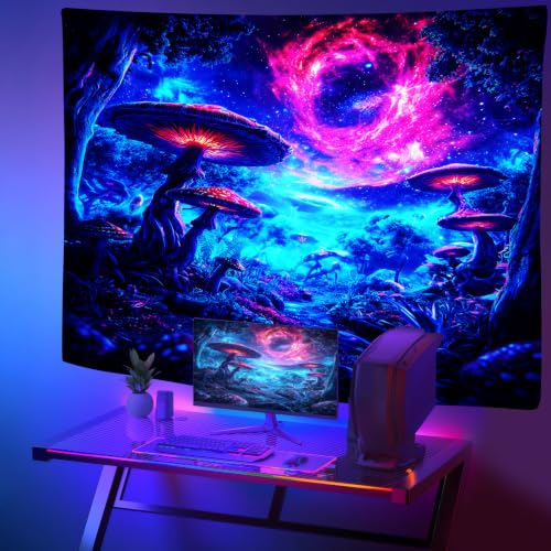 Tapisserie réactive aux UV forêt phosphorescente et tenture murale champignon étoilé 150x130