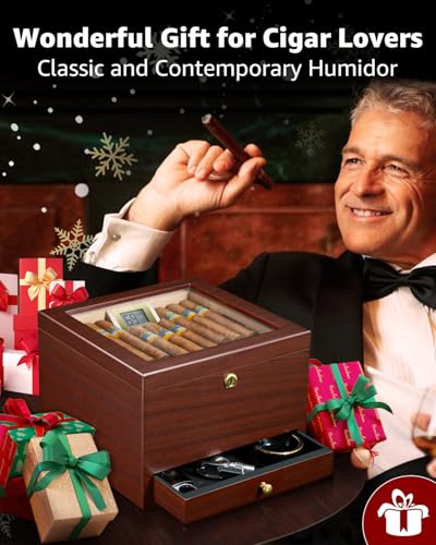 Flauno Cigar Humidor with Lock, Air Circulation System, up to 70 Cigars, Spanish Cedar Wood, Accurate Digital Hygrometer, Drawer, Humidifier, Divider, Gift for Cigar Lovers - Image 6