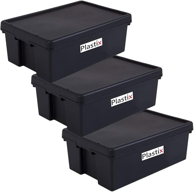 3 X Heavy Duty Strong Recycled Plastic Storage Box Boxes With Lids - 36L 36 Litre - Black