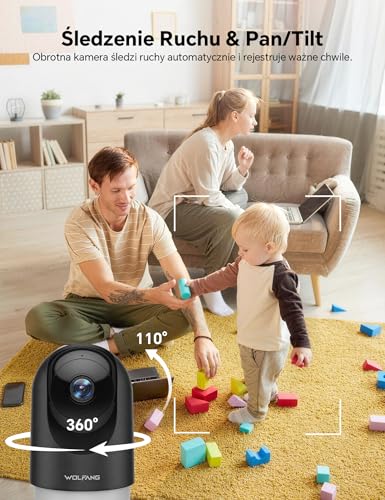 WOLFANG Kamera Wewnętrzna 2K, Kamera WiFi do Domu z Funkcją Obrotu 360° PTZ, Automatycznym Śledzeniem i Trybem Nocnym, Kamera dla Psa z Dwukierunkowym Audio, Kompatybilna z Alexa