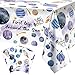 Preboun 4 Pcs Space Party Tablecloth First Trip Around The Sun Birthday Decoration Space Tablecloth Waterproof Rectangular Table Covers for Baby Shower, 1st Birthday Party Supplies