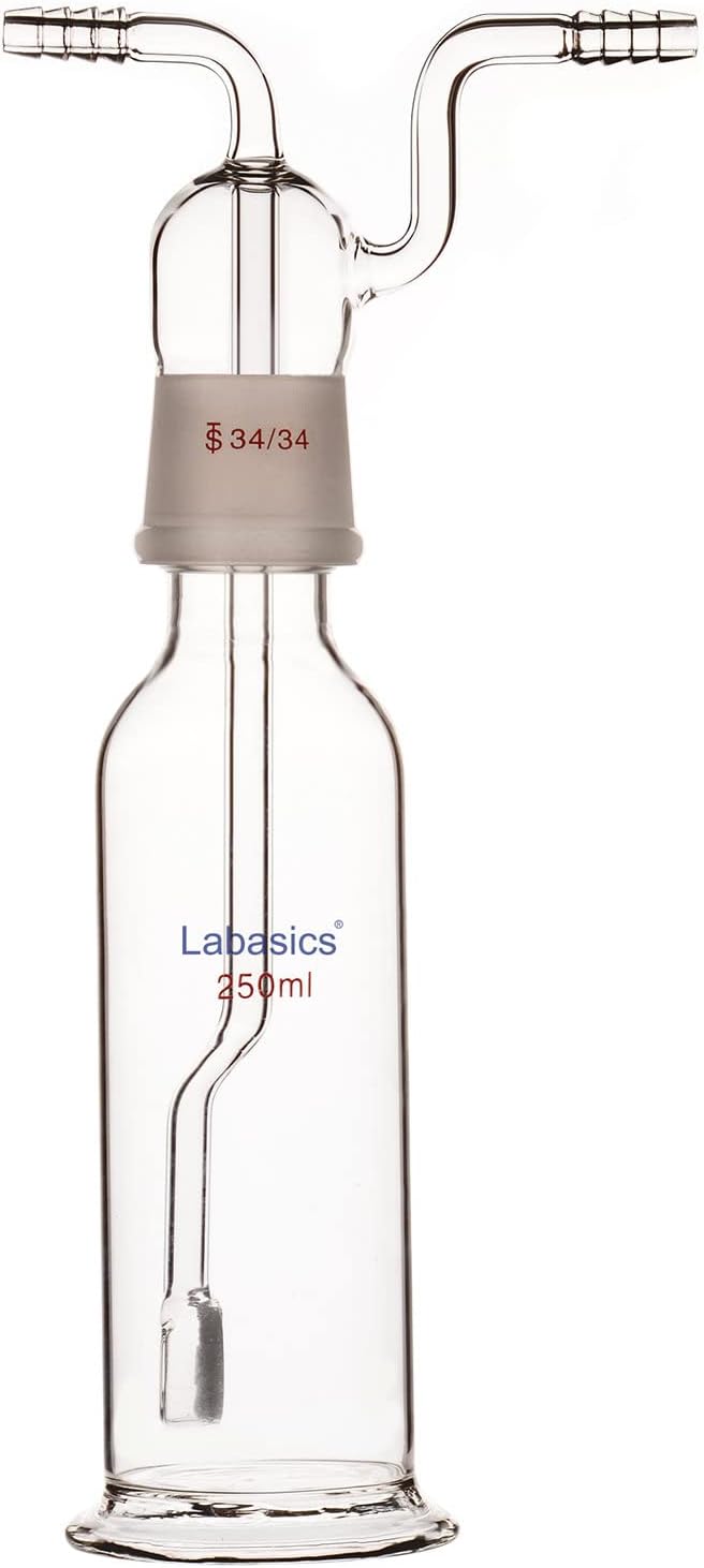 Labasics Gas Washing Bottle, Borosilicate Glass 34/34 Stopper Gas Bubbler Gas Washing Bottle with Fritted Disc and 8 mm OD Inlet/Outlet Hoses, 250 ml