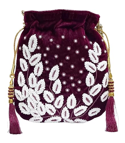 Amerie Fashions Women's Embroidered Leaf Potli Bag Purse for Party Wedding