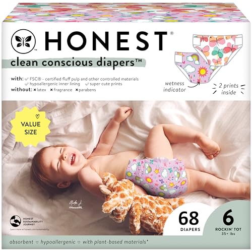 Image of The Honest Company Clean Conscious Diapers for Sensitive Skin | Hypoallergenic, Fragrance Free | Girl Prints | Super Club Box, Size 6 (35+ lbs), 68 Count