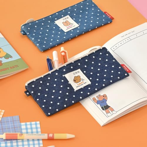 Image of Monolike Happy and Lucky Denim Dot pen case, Navy - Slim Corduroy Style Cotton Pen Pouch, Cute Aesthetic Pastel Stationery Organizer for Office