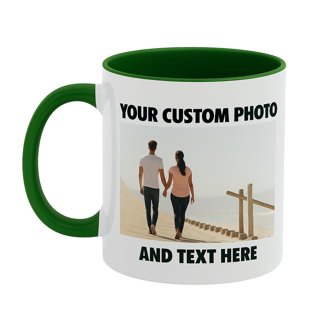 Personalized Coffee Mug Custom Photo Text or Logo Cup 11oz Forest Green Rim Inner and Handle Dishwasher Microwave