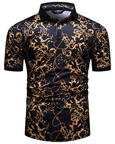 fohemr Herren Poloshirt Barock Stil Kurzarm Polo Shirts Golden Chain Muster Polohemd Sommer Golf Tennis Tshirt für Männer Schwarz XX-Large