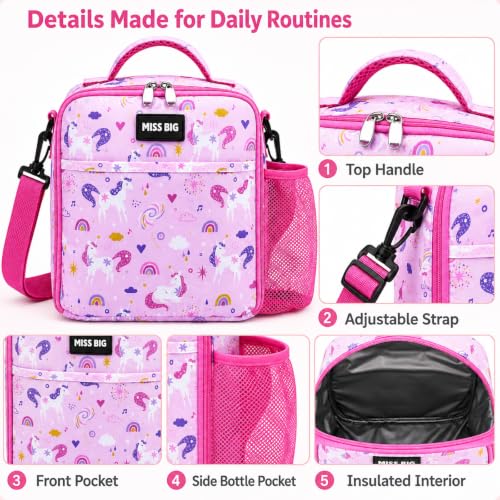 MISS BIG Kids Lunch Bag for Girls, Pink Unicorn Insulated, 5L — view 6