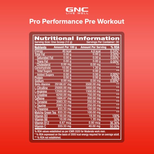 Image of GNC Pro Performance Pre-Workout | 360 gm | 30 Servings | Boosts Pump & Energy | Speeds Up Recovery | 1500 mg L-Arginine | 3500 mg Beta-Alanine | 200 mg Caffeine | Fruit Punch