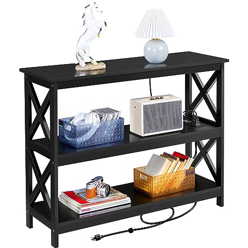 Yaheetech Entryway Table with Storage Shelves, Console Table with Power Outlets and USB Ports, Wood Narrow Sofa Tables with X-Shaped Design for Living Room/Hallway/Couch, Black