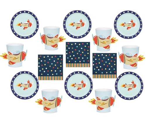 Set de vaisselle en carton avec motif avion, pour anniversaire d'enfant, garçons, filles, motif avion, ciel étoilé, vaisselle en carton, 36 pièces, pour 12...