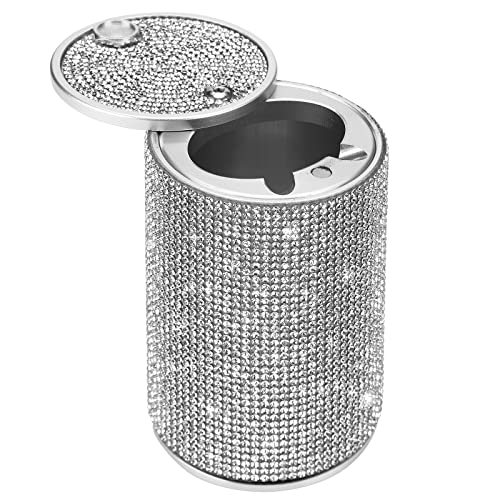 Augot Bling Ashtray For Car, Portable Car Ashtray With Lid, Smokeless Ashtray Detachable Car Cigarette Ashtray, Mini Car Trash Crystal Diamond Car Ashtray For Cup Holder Home Office Travel (Silver) #TOP10