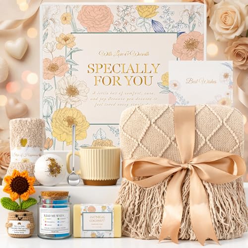 YEERSWAG Women's Luxury Spa Gift Basket with Blanket & Sunflower Pot
