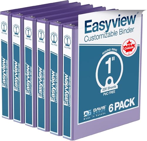 EasyView Premium 1-Inch Binders with Clear-View Covers, 3-Ring Binders for School, Office, or Home, Colored Binder Notebooks, Pack of 6, Round Ring, Purple by Davis Group - Used condition - CA$14.95